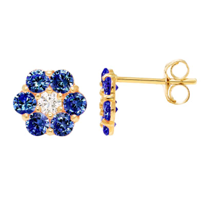 14k Yellow Gold 7mm CZ Flower Stud Earrings, with Pushback, Women’s, Unisex