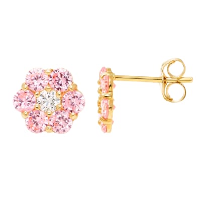 14k Yellow Gold 7mm CZ Flower Stud Earrings, with Pushback, Women’s, Unisex