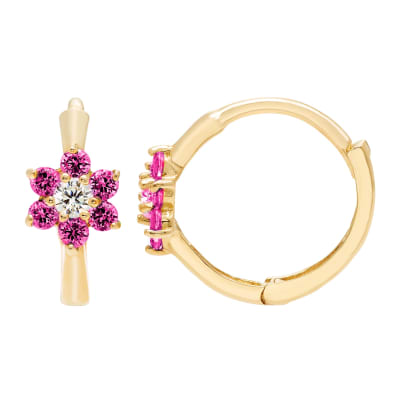 14k Yellow Gold 13mm CZ Floral Huggie Earrings, with Endless Back, Women’s, Unisex