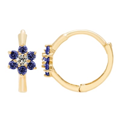 14k Yellow Gold 13mm CZ Floral Huggie Earrings, with Endless Back, Women’s, Unisex