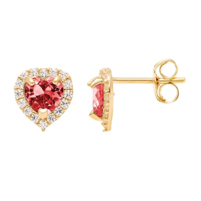 14k Yellow Gold 7mm CZ Halo Heart Stud Earrings, with Pushback, Women’s, Unisex